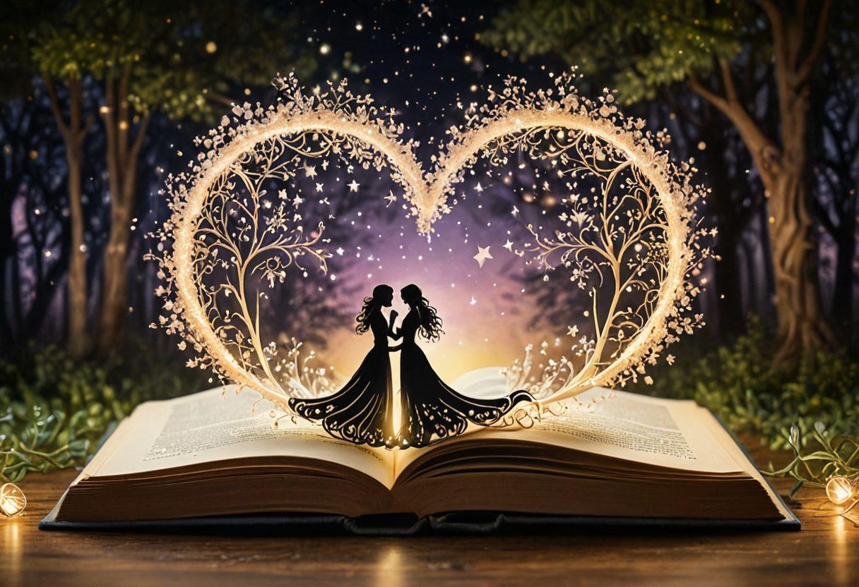 A whimsical scene depicting an open book surrounded by a swirling mist of golden sparkles, with silhouettes of couples embracing in tender moments around the edges. Soft pastel colors create a dreamy atmosphere, while delicate hearts and quills float like gentle clouds. In the background, a mystical forest setting and twinkling stars enhance the romance theme. surreal art. soft colors. magical elements.