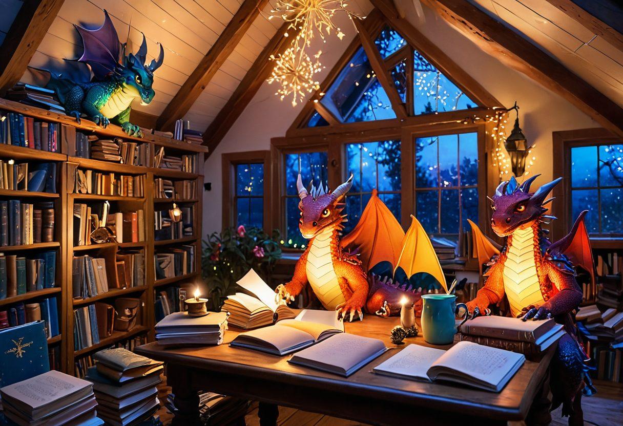 A whimsical scene depicting a cozy attic filled with books, where a diverse group of characters - a dragon, a fairy, and a knight - sit together exchanging stories under soft, glowing fairy lights. Piles of colorful notebooks and quills are scattered around, embodying the spirit of fanfiction. Ethereal elements like shimmering stars and floating words add a magical touch. The atmosphere is warm and inviting, encouraging creativity and collaboration. vibrant colors. painting.