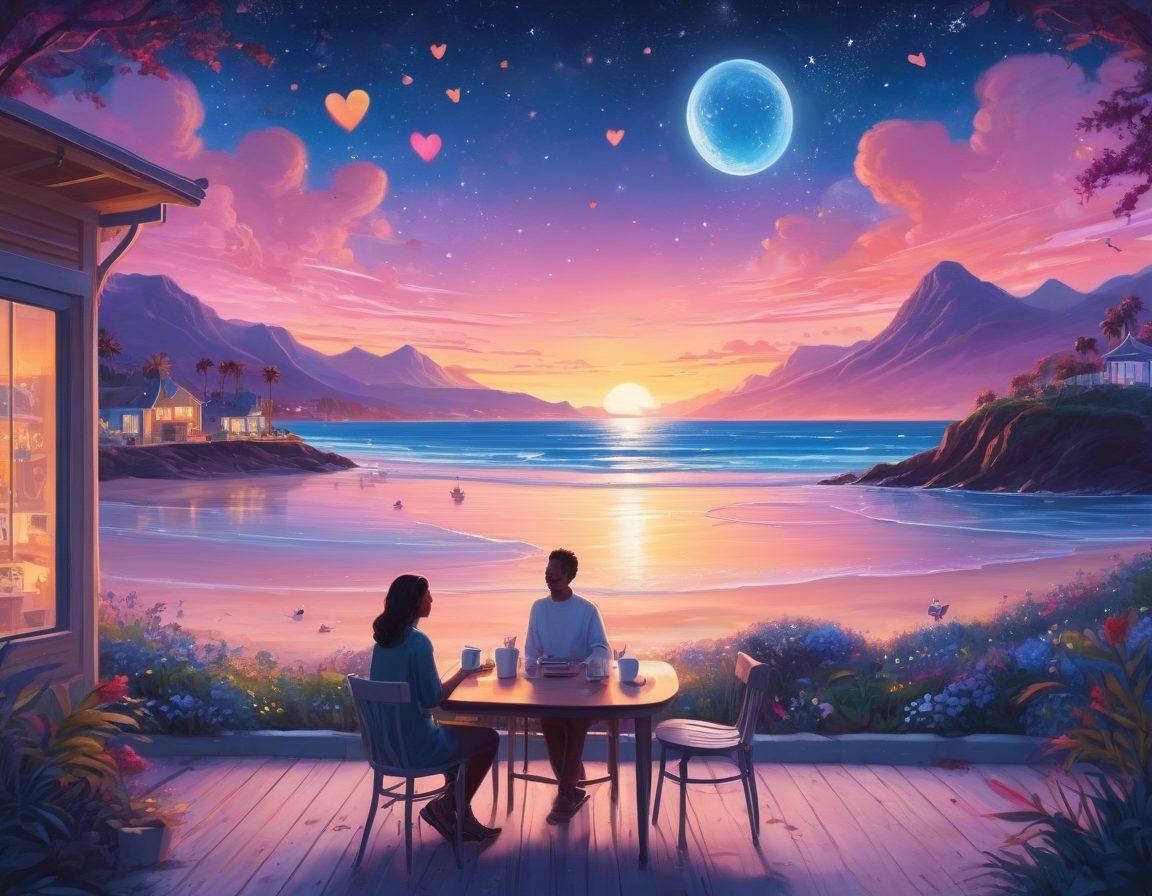 A whimsical illustration depicting a diverse group of fictional characters transforming into loving couples, with hearts and romantic symbols swirling around them. The backdrop features dreamy landscapes that evoke various romantic settings, like a starry night, a sunset beach, and a cozy coffee shop. Soft pastel colors and warm lighting create a magical atmosphere, enhancing the theme of love and connection. Hand-drawn style. vibrant colors. 3D.